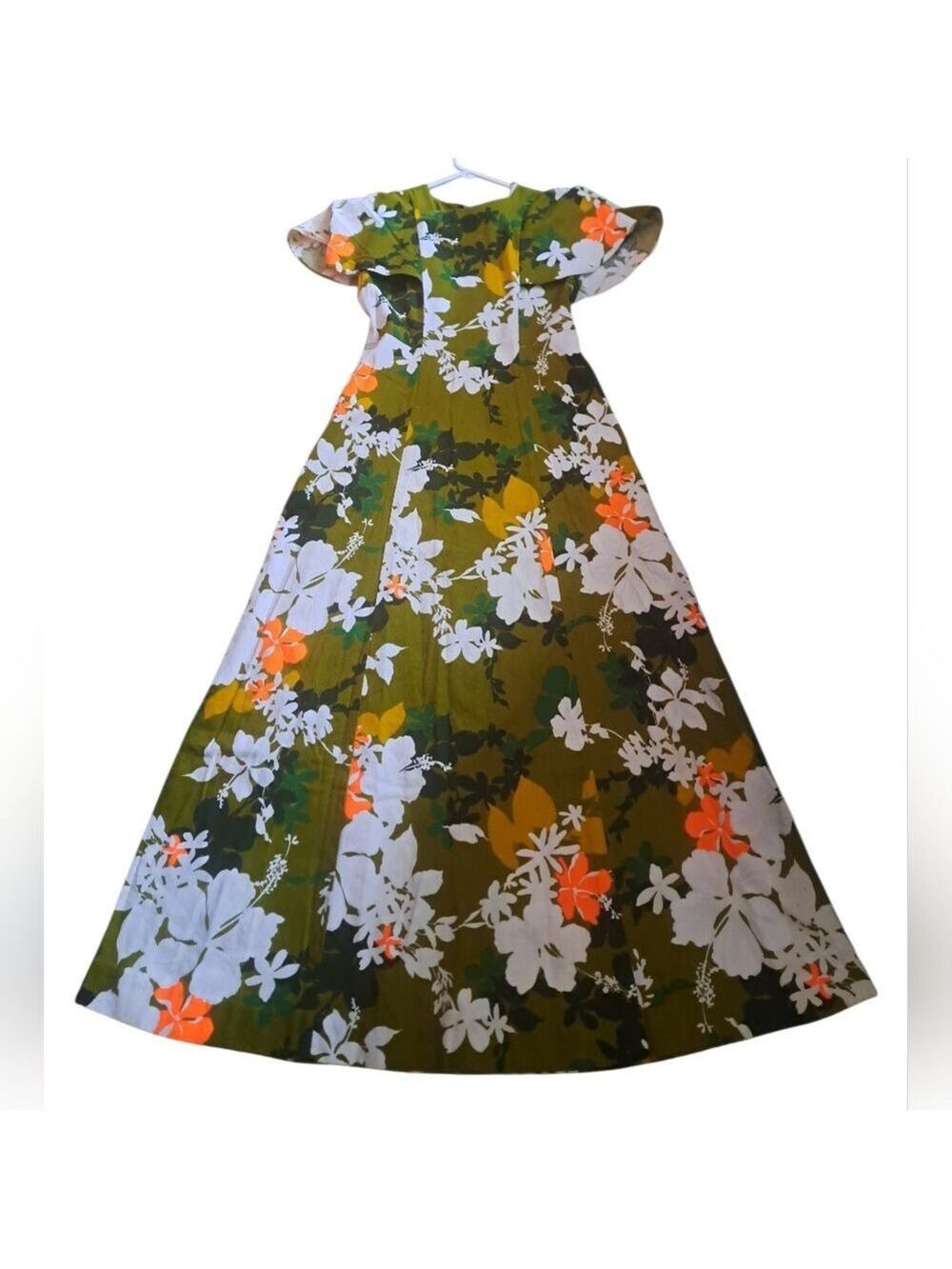 VTG HUKILAU Fashions Hawaiian maxi Dess Cotton Floral Short flutter Sleeves S-M